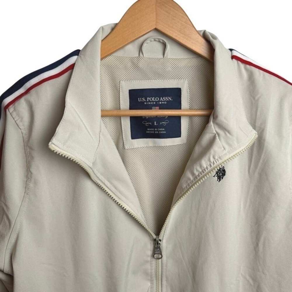 U.S. Polo‎ Mens Track Jacket L Beige Racing Stripe Zip Windbreaker Preppy Retro